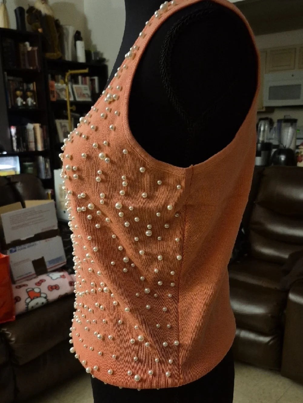Pearl-Embellished Coral Tank Top - Women's Sleeveless Knit - Picture 5 of 5